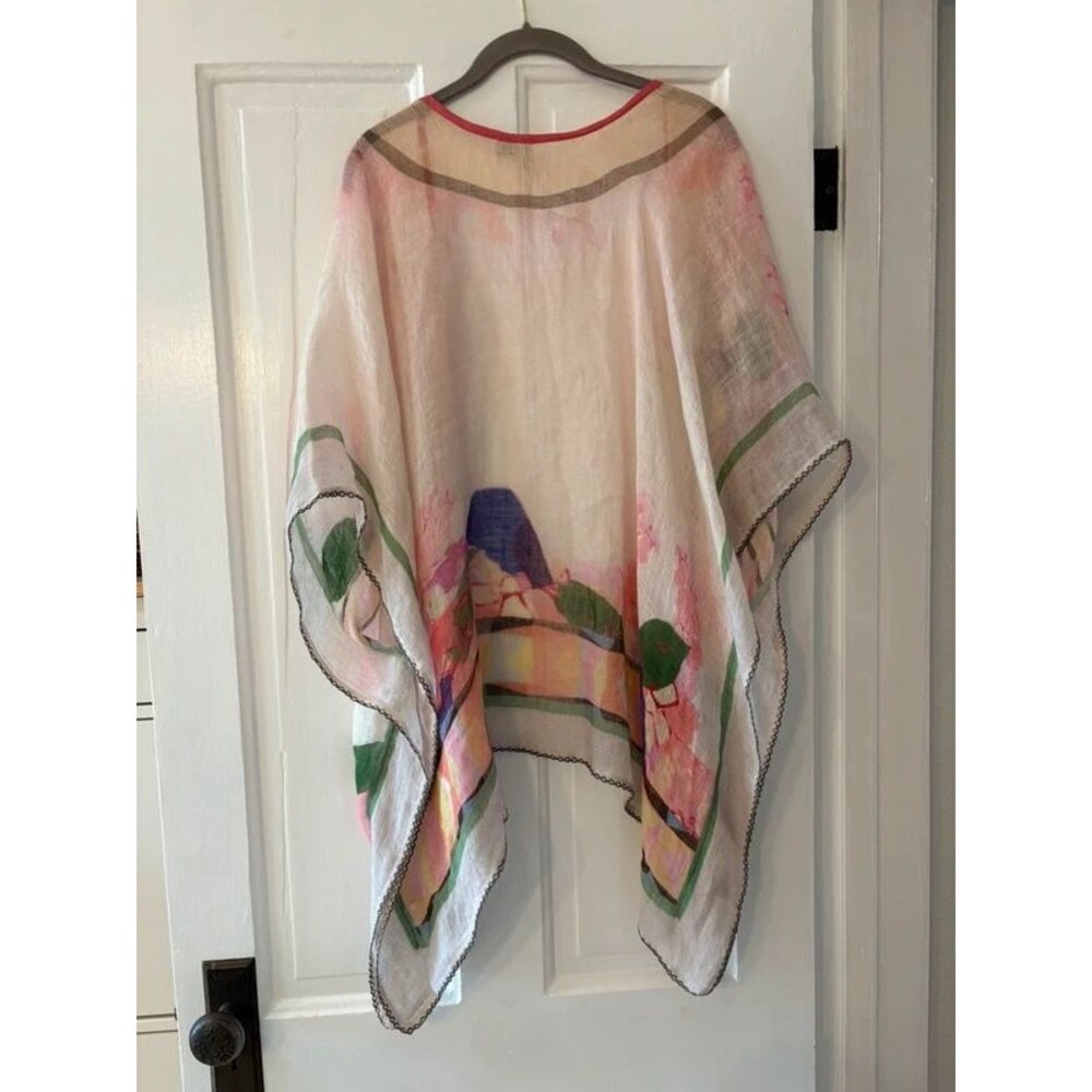 Gauzy 100% Linen Hand Painted-Style Kimono Shawl OS Floral Watercolor Light Pink - Picture 6 of 14